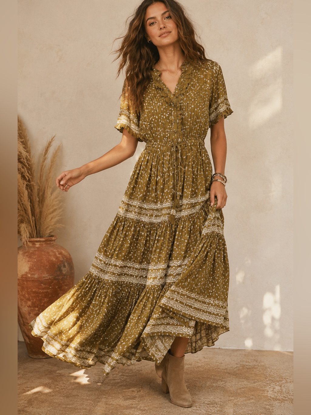 Free People Rare Feelings Olive Green Tiered Boho Maxi Dress